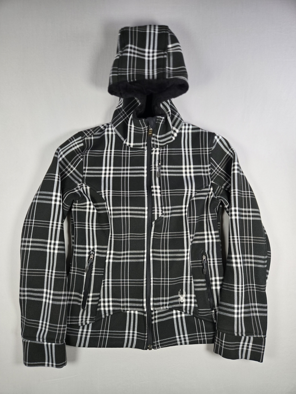 Spyder Women's Arc Novelty Hooded Softshell Ski Gorpcore Jacket Plaid Size XS